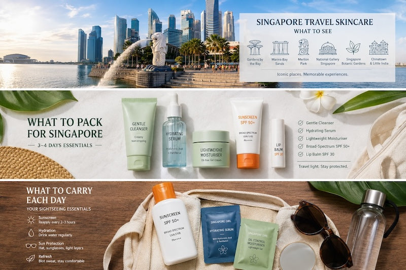Singapore skyline with Merlion and Marina Bay Sands for a Singapore travel skincare guide