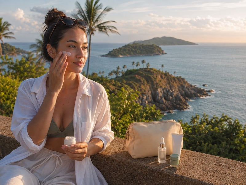 Phuket travel skincare at Promthep Cape with tropical coastline, sunscreen and lightweight hydration