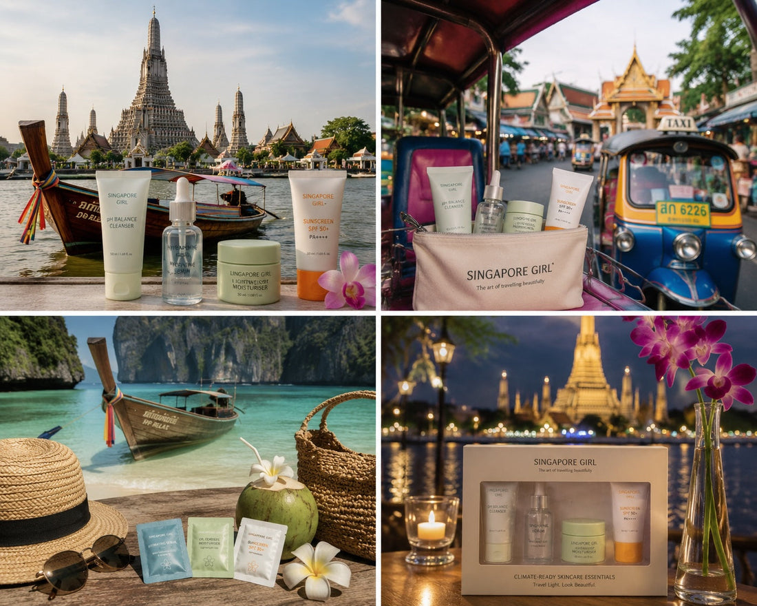 Bali temple travel scene with Singapore Girl skincare essentials for hot humid tropical weather