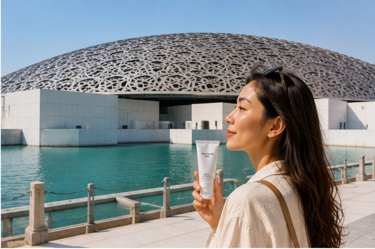 Singapore Girl travel skincare at Louvre Abu Dhabi with iconic dome and waterfront architecture