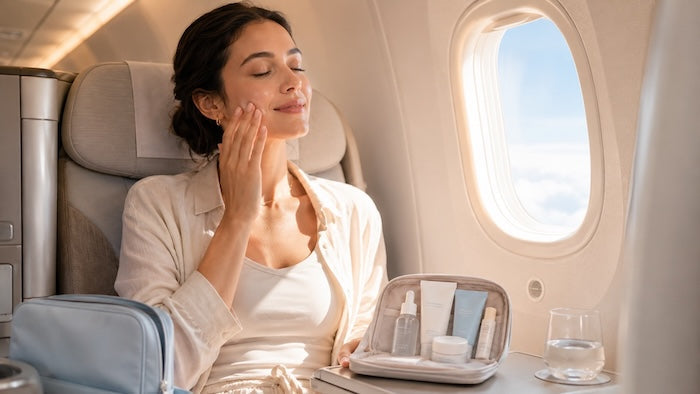 Travel skincare essentials for airplane flights including serum, moisturiser, sunscreen, lip balm and cleanse