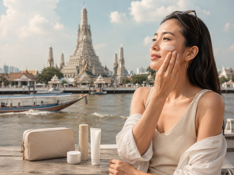 Bangkok travel skincare routine with sunscreen near Wat Arun and the Chao Phraya River