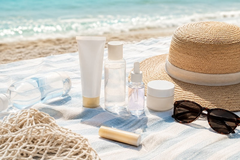 Beach skincare packing list with sunscreen, cleanser, hydrating serum, moisturiser, lip care and after-sun recovery