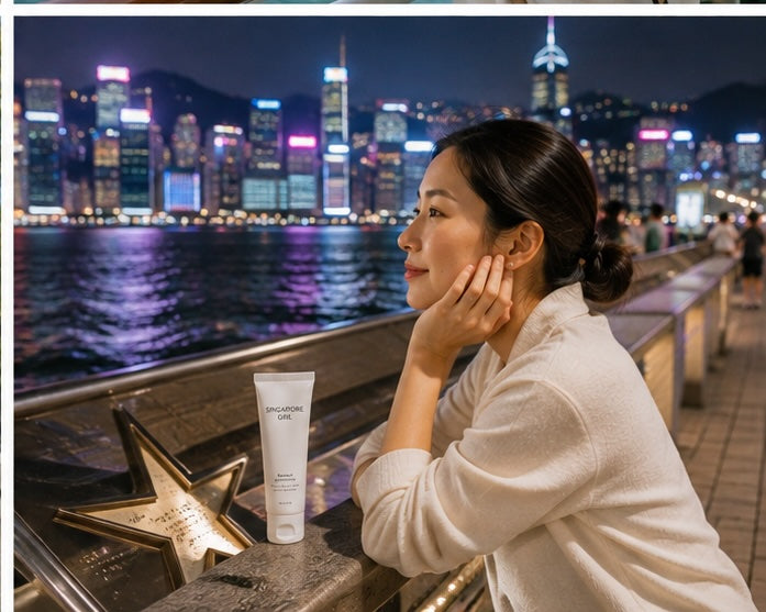 Singapore Girl travel skincare at Avenue of Stars with Victoria Harbour and Hong Kong skyline at night