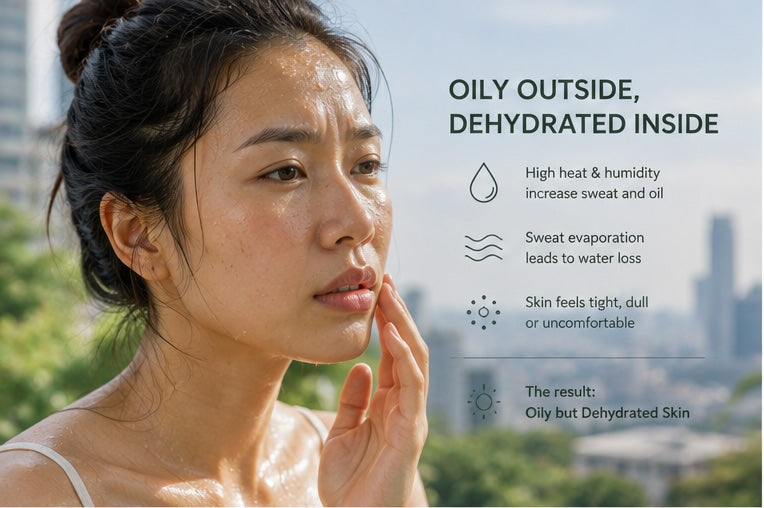 Oily but dehydrated skin in hot humid weather showing shine, sweat and signs of skin dehydration