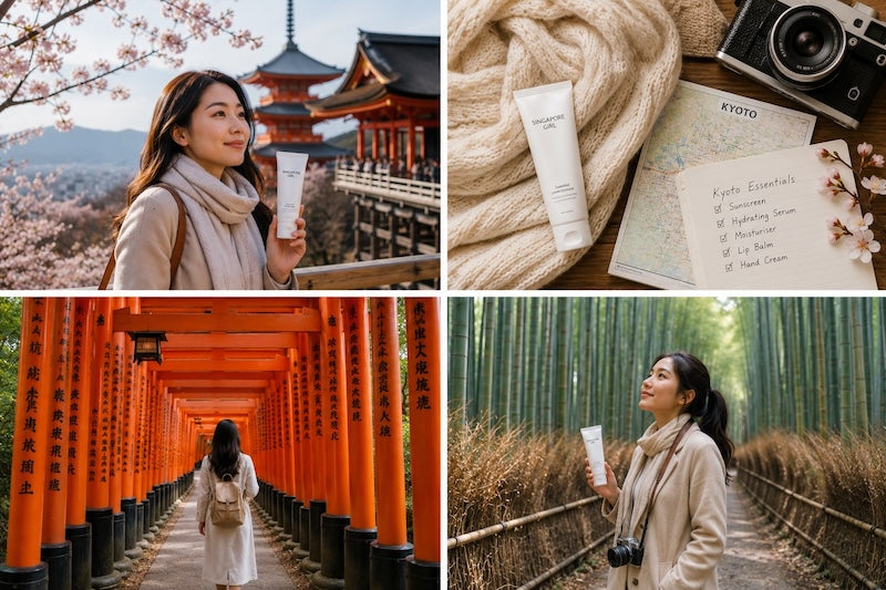 Kyoto travel skincare with Singapore Girl product near Kiyomizu-dera temple during cherry blossom season