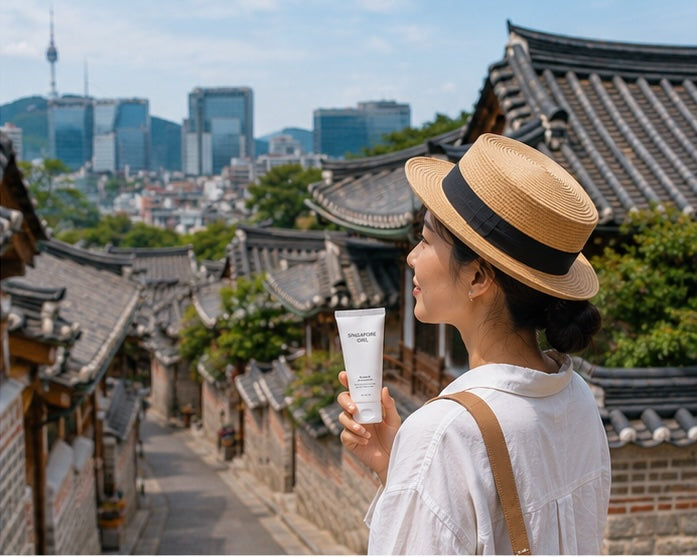 Singapore Girl travel skincare in Bukchon Hanok Village with traditional Korean houses and Seoul skyline