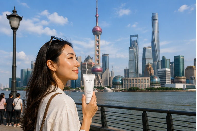 Shanghai travel skincare with Singapore Girl product overlooking The Bund and Pudong skyline