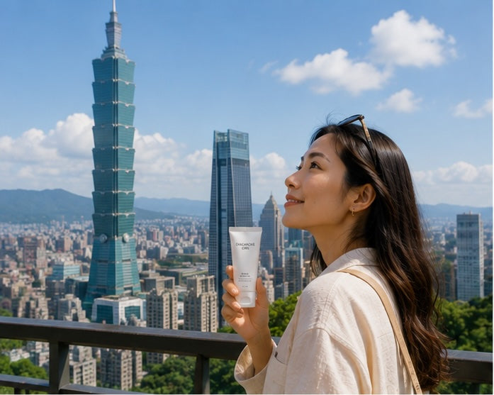 Taipei travel skincare with Singapore Girl product overlooking Taipei 101 and the city skyline