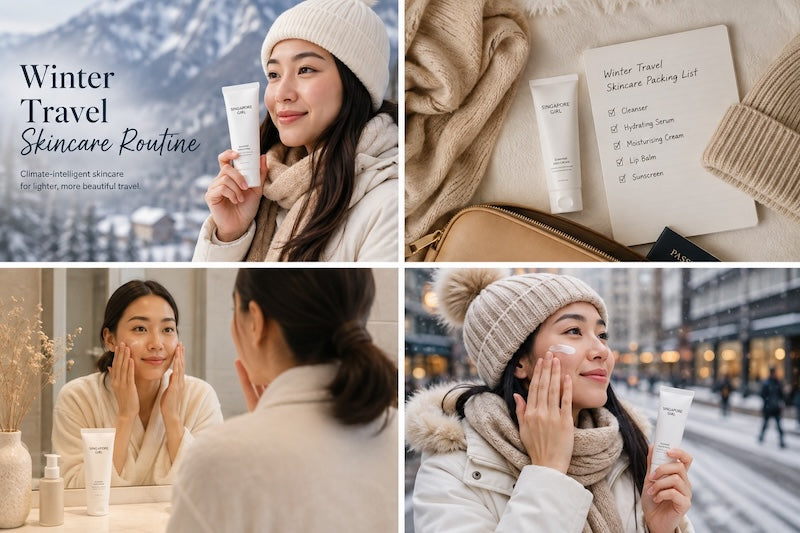 Winter travel skincare routine with Singapore Girl moisturiser in a snowy mountain destination