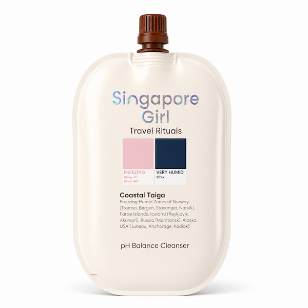 Singapore Girl Travel Rituals Coastal Taiga pH Balance Cleanser in a rounded, flexible squeeze pouch with a brown screw cap, shown on a clean white background.