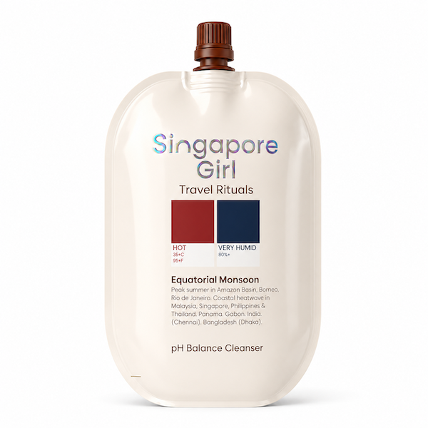 Singapore Girl Travel Rituals Equatorial Monsoon pH Balance Cleanser travel pouch, featuring a cream-colored body, a brown cap, and color-coded boxes indicating hot and very humid conditions.