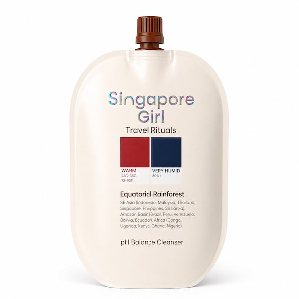 A single pump bottle of Singapore Girl Travel Rituals Equatorial Rainforest pH Balance Cleanser, featuring a cream-colored body, a brown cap, and a color swatch graphic on the front.