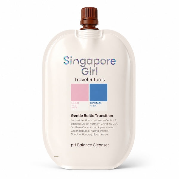Singapore Girl Travel Rituals Gentle Baltic Transition pH Balance Cleanser in a white squeeze pouch with a brown cap, on a white background.