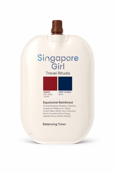 Singapore Girl Travel Rituals Equatorial Rainforest Balancing Toner in a large, rounded off-white squeeze bottle with a brown cap, on a white background.