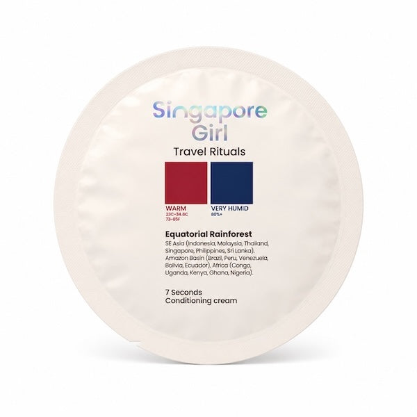 A round, off-white plastic container of Singapore Girl Travel Rituals Equatorial Rainforest 7 Seconds Conditioning Cream, shown on a clean white background with a soft shadow.
