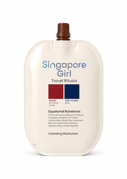 Singapore Girl Travel Rituals Equatorial Rainforest Hydrating Moisturizer in a 1000ml flexible pouch with a brown cap, on a white background.
