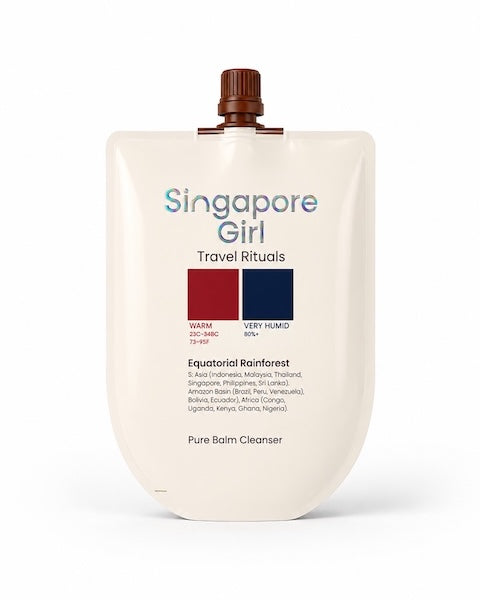 A cream-colored stand-up pouch of Singapore Girl Travel Rituals Pure Balm Cleanser with a brown flip-top cap, shown on a clean white background.