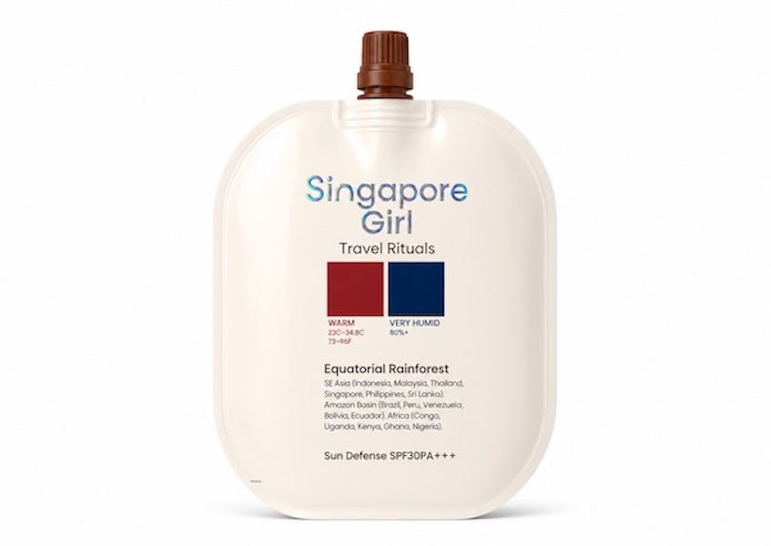 Singapore Girl Travel Rituals Equatorial Rainforest SPF 30+ PA+++ liquid sunscreen in a flexible white squeeze bottle with a brown cap, shown on a white background.