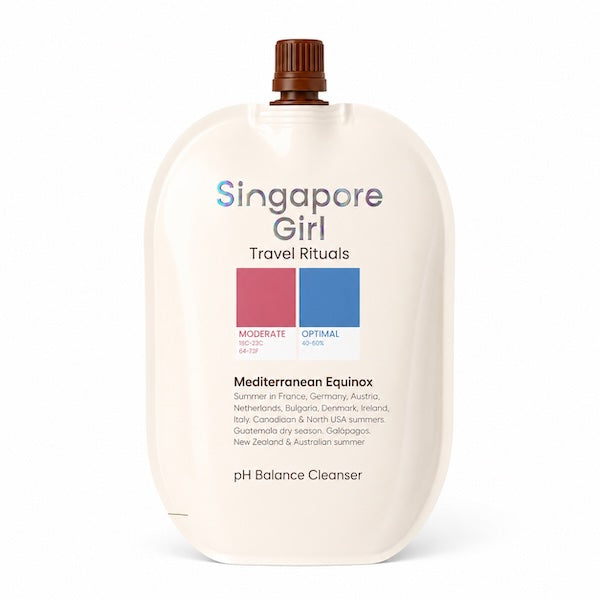 Singapore Girl Travel Rituals pH Balance Cleanser in a flexible squeeze pouch with a brown cap, labeled 'Mediterranean Equinox' on a white background.