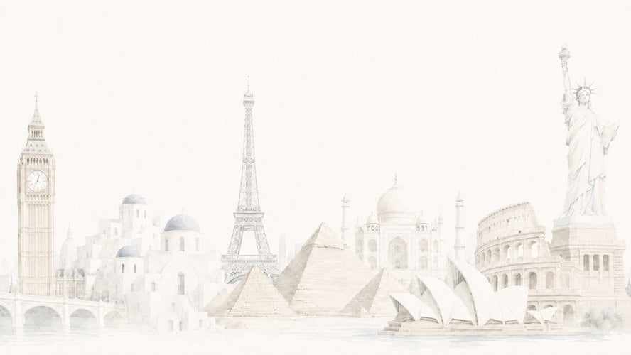A minimalist, sepia-toned collage of famous world landmarks including Big Ben, the Eiffel Tower, the Pyramids, Taj Mahal, the Colosseum, and the Statue of Liberty, rendered in a soft, sketch-like style against a pale cream background.